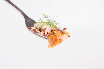 Piece of pork chop (covered in batter and breadcrumbs) and some three color rice on a fork on white background