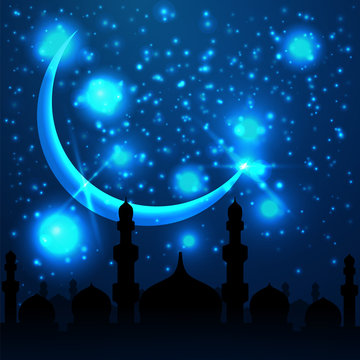 Ramadan Kareem greeting with mosque on night cityscape background