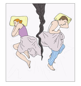 Upset young couple having marital problems or a disagreement lying side by side in bed facing in opposite directions ignoring one another. vector illustration