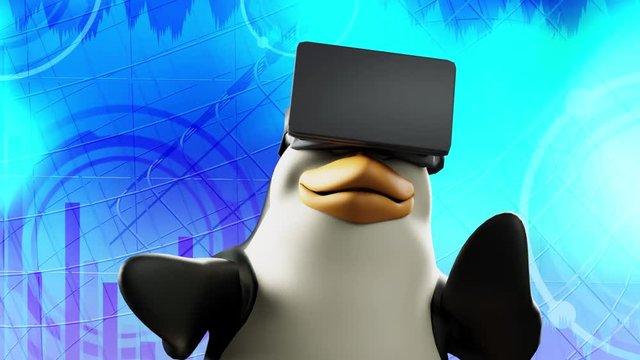 funny cartoon penguin dressed in virtual reality glasses