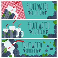 Set of banners with bright fruit water in mason jar with blueber