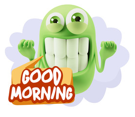 3d Rendering Smile Character Emoticon Expression saying Good Mor