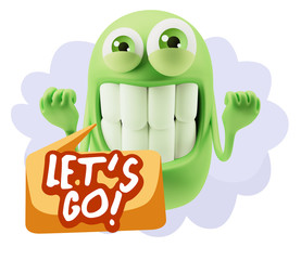 3d Rendering Smile Character Emoticon Expression saying Let'S Go