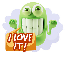 3d Rendering Smile Character Emoticon Expression saying I Love I