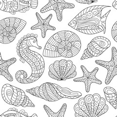 Black and white seamless pattern for coloring book. Sea life