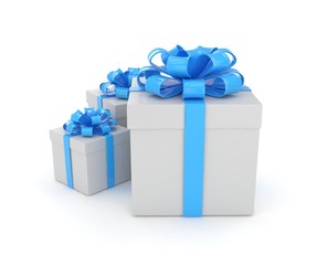 three gift boxes with bows isolated on white. 3d rendering.