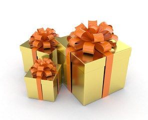 three gift boxes with bows isolated on white. 3d rendering.