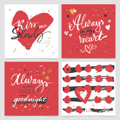 Naklejka premium Vector collection of love poster or cards template. Calligraphic phrase: Kiss me slowly, Always in my heart, Kiss me goodnight. Love you. Abstract background with gold glitter and splash. 