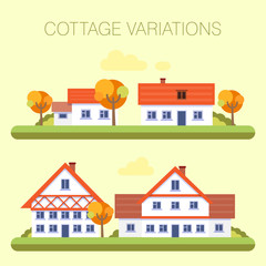 Set of detailed colorful cottage houses. Flat style modern buildings. Autumn landscape in flat style vector illustration
