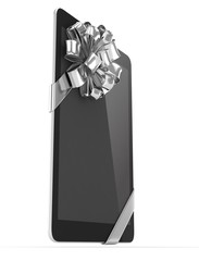 Black tablet with silver bow. 3D rendering.