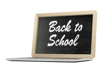 Obraz premium Laptop with chalkboard, back to school, online education concept. 3d rendering.