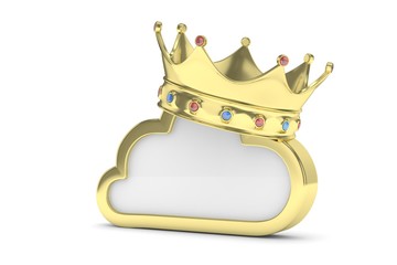 Isolated golden cloud icon with crown and gems on white background. Symbol of communication, network and technology. Broadband. Online database. 3D rendering.