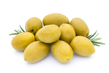 Olives on leaves isolated on white.