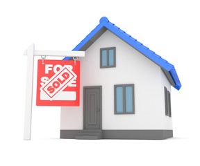 Isolated model of house with sign for sale sold. Concept of real estate, new apartment and moving to a new house. 3D rendering.