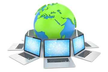 Laptop network around earth globe. 3d render