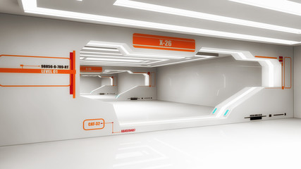 3d render interior. Futuristic hallway. Interior concept design