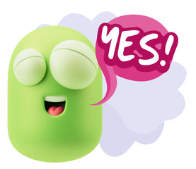3d Rendering Smile Character Emoticon Expression saying Yes with