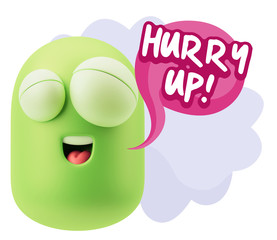 3d Rendering Smile Character Emoticon Expression saying Hurry Up
