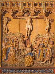 SEGOVIA, SPAIN, APRIL - 14, 2016: The polychrome gothic relief of Crucifixion in atrium of church...