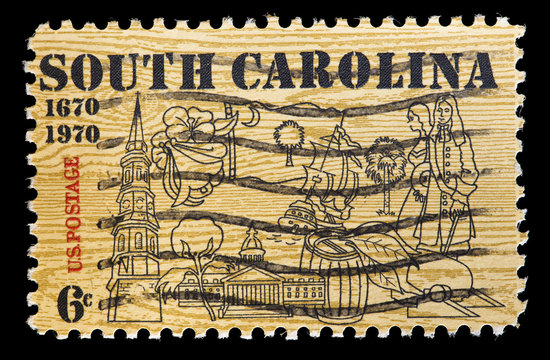 United States used postage stamp showing symbols of South Carolina