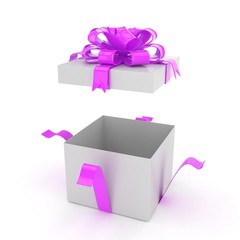 open gift box with bows isolated on white. 3d rendering.