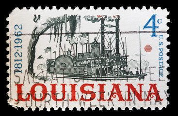 United States used postage stamp showing steamboat on Mississippi Louisiana