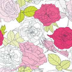Vector seamless vintage pattern with hand drawn roses flowers. Floral background with pink roses and green leaves. Design for fabric, textile print, wrapping paper. Pastel colors roses background.