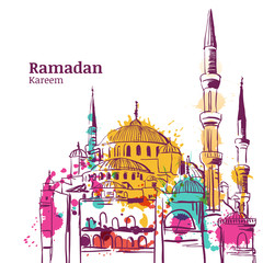 Ramadan Kareem holiday design. Watercolor sketch illustration of mosque. Vector ramadan holiday watercolor background. Greeting card or banner for muslim ramadan holiday.