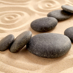 Fototapeta na wymiar Close up of zen garden with group of black stones