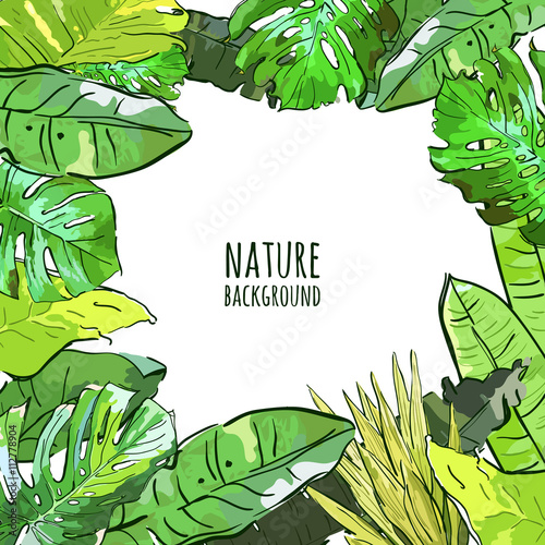 Vector Square Frame With Hand Drawn Tropical Palm Tree Leaves Floral Summer Background Green Vector Square Frame With Hand Drawn Tropical Palm Tree Leaves Floral Summer Background Green