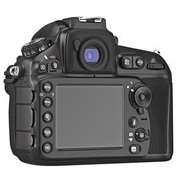 Black DSLR camera with large LCD display. 3D graphic
