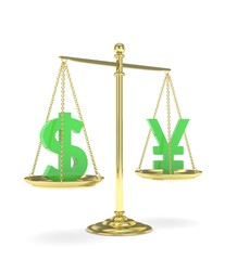 Isolated old fashioned pan scale with dollar and yuan,yen on white background. American and chinese and japanese currency. Currency equality. Green money. 3D rendering.