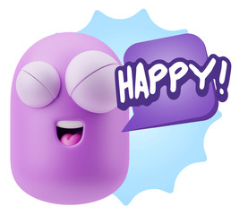 3d Rendering Smile Character Emoticon Expression saying Happy wi