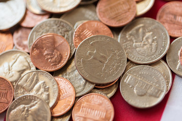 close up of american coins or money