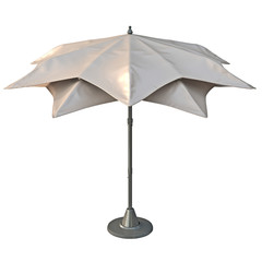 Beach umbrella sun protection, back view. 3D graphic 