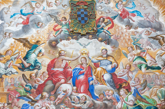 SALAMANCA, SPAIN, APRIL - 16, 2016: The fresco of Coronation of Virgin Mary by  Antonio de Villamor (1661-1729)  in monastery Convento de San Esteban and Chapel of Rosary.
