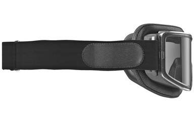 Black leather goggles with stripe on strap, side view. 3D graphic