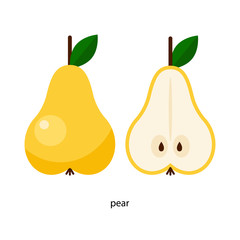 Nice yellow pear with green leaf and its cross-section