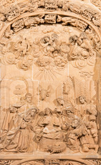 Fototapeta na wymiar SALAMANCA, SPAIN, APRIL - 17, 2016: The Nativity relief on the gothic-baroque west portal of the New Cathedral - Catedral Nueva from 16. cent.