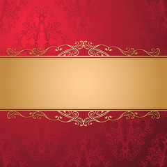 Vintage luxury vector background. Golden decorated ribbon on red damask pattern. Template for your design. EPS 10