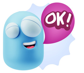3d Rendering Smile Character Emoticon Expression saying Ok with