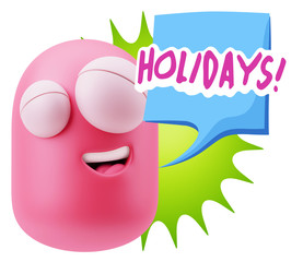 3d Rendering Smile Character Emoticon Expression saying Holidays