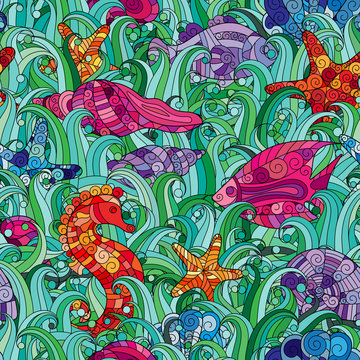 Vector seamless pattern Underwater creatures. Ocean background.