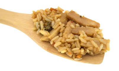 Chicken in a sauce with rice and veggies on spoon atop a white background.
