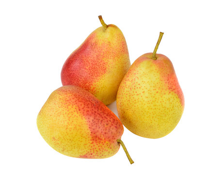 Three yellow red pears isolated on white background