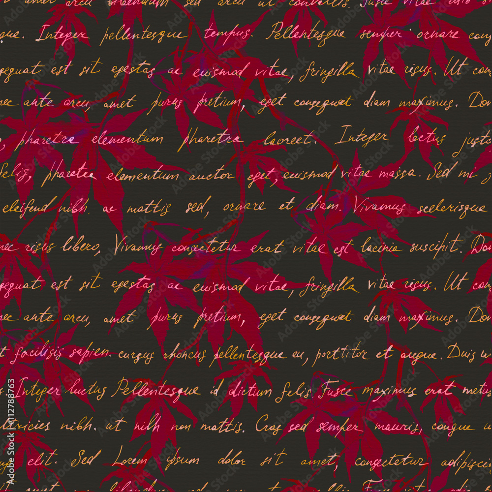 Wall mural red maple leaves with handwritten text. seamless mysterious pattern. watercolor