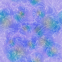 Graphic pattern with seashells and watercolor stains.