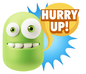 3d Rendering Smile Character Emoticon Expression saying Hurry Up