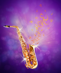 Fototapeta na wymiar Golden saxophone and flowing notes from it against purple background