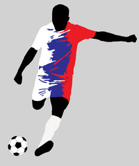 UEFA Euro 2016 vector illustration of football player run hit ball. Group B participant. Soccer team player in uniform with Russia state national flag original colors. Flat graphic design clip art